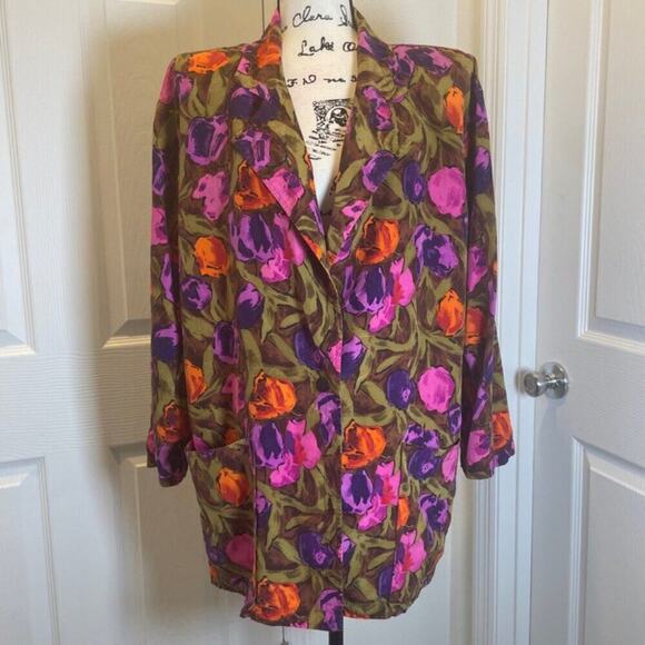 VINTAGE 80’s UNGARO TER BLAZER 100% SILK SZ 8 FLORAL CHIC PREPPY ECLECTIC STYLE - Picture 2 of 16